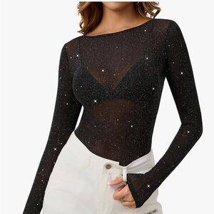 Elegant Black Glitter Sheer Top